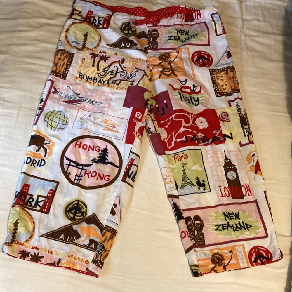 Nick Nora Printed Pajama Pants Travel Cities Stamps PJ Bottoms Y2K Capri